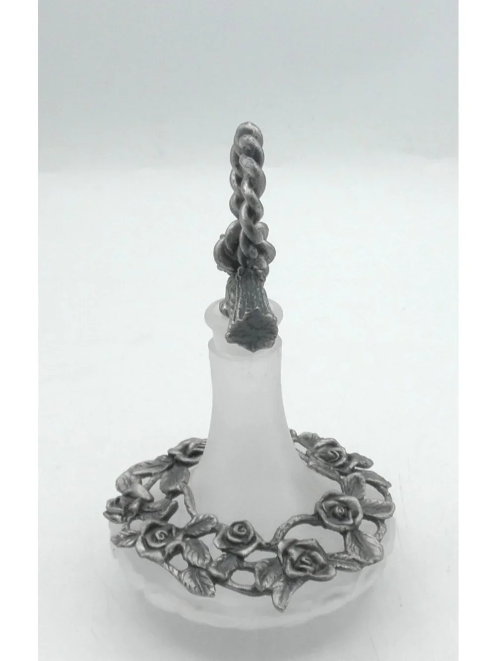 Vintage Clear Frosted Glass Vanity Bottle With Pewter Embellishments & Stopper